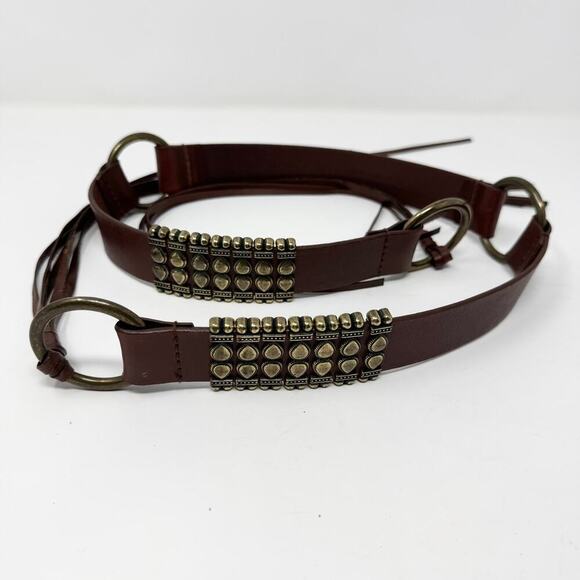 Brown Leather Brass Ring Tie Belt Sliding Brass Bars Fringe Belt Women\'s L Boho main image 4